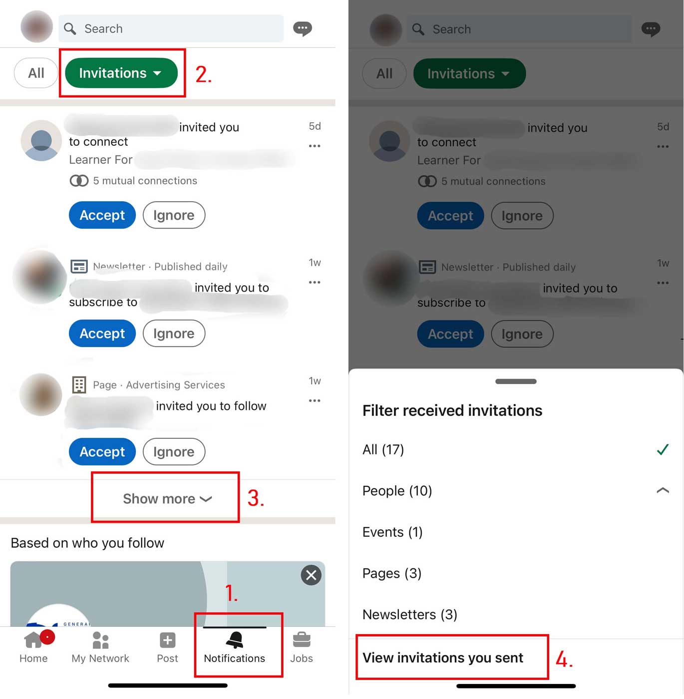 Image of how to cancel LinkedIn invite on IOS, steps 1, 2, 3 and 4