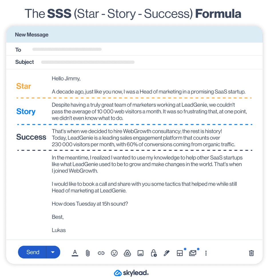 Cold outreach email template with the SSS (Star - Story - Success) Formula