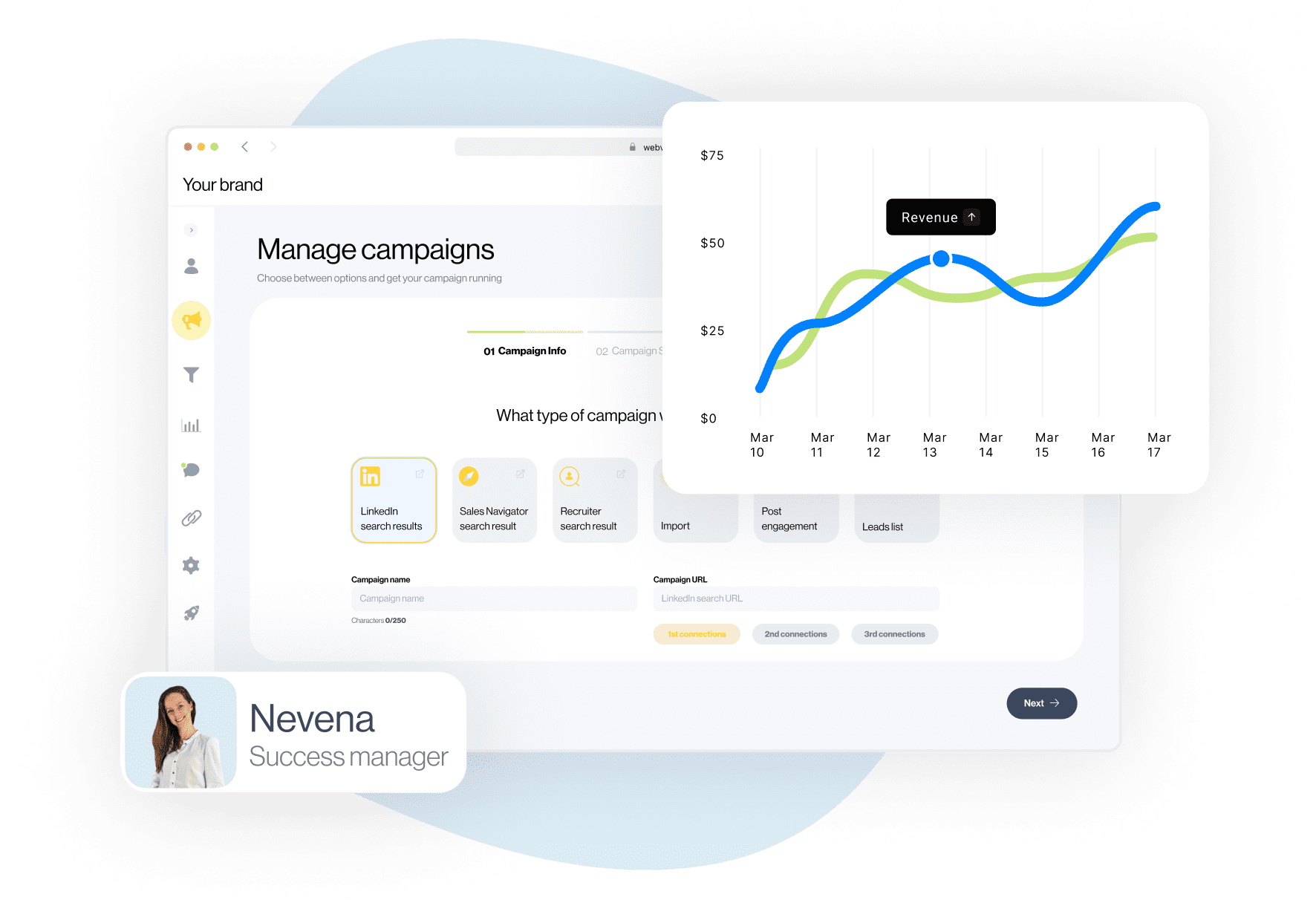 Image of white label dashboard, revenue line graph and card Success Manager