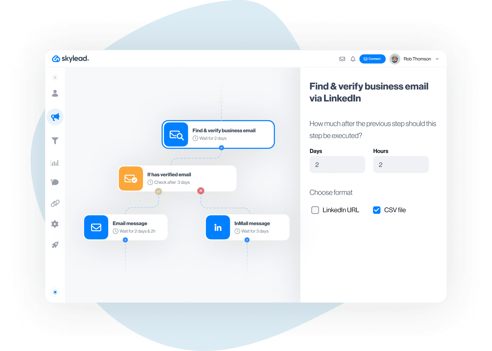 Image of Skylead feature: Find and verify business email step in a smart sequence