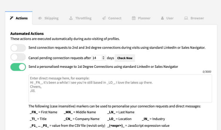 Dux-Soup LinkedIn connection bot, Automated actions page
