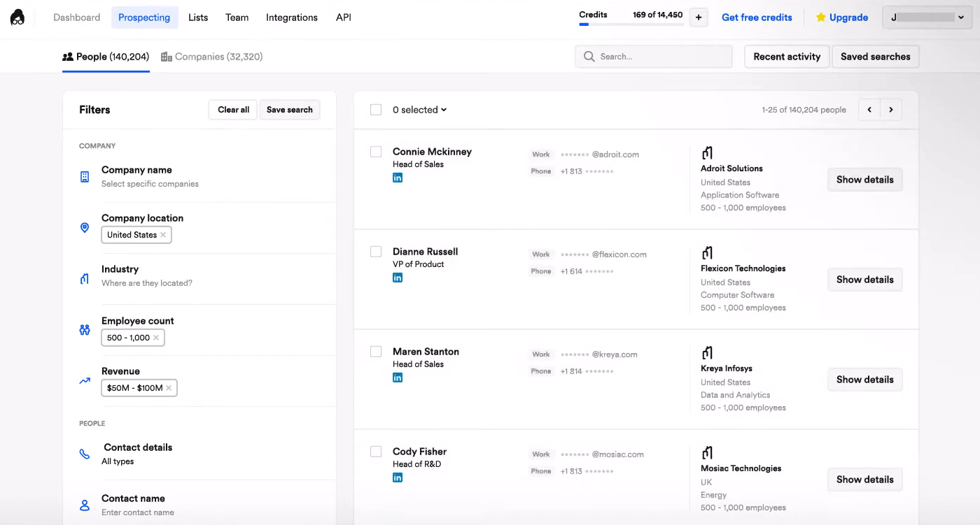 Lusha, B2B prospecting tool example