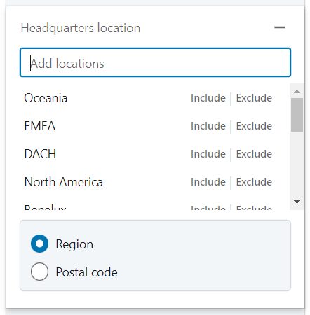 Headquarters location filter