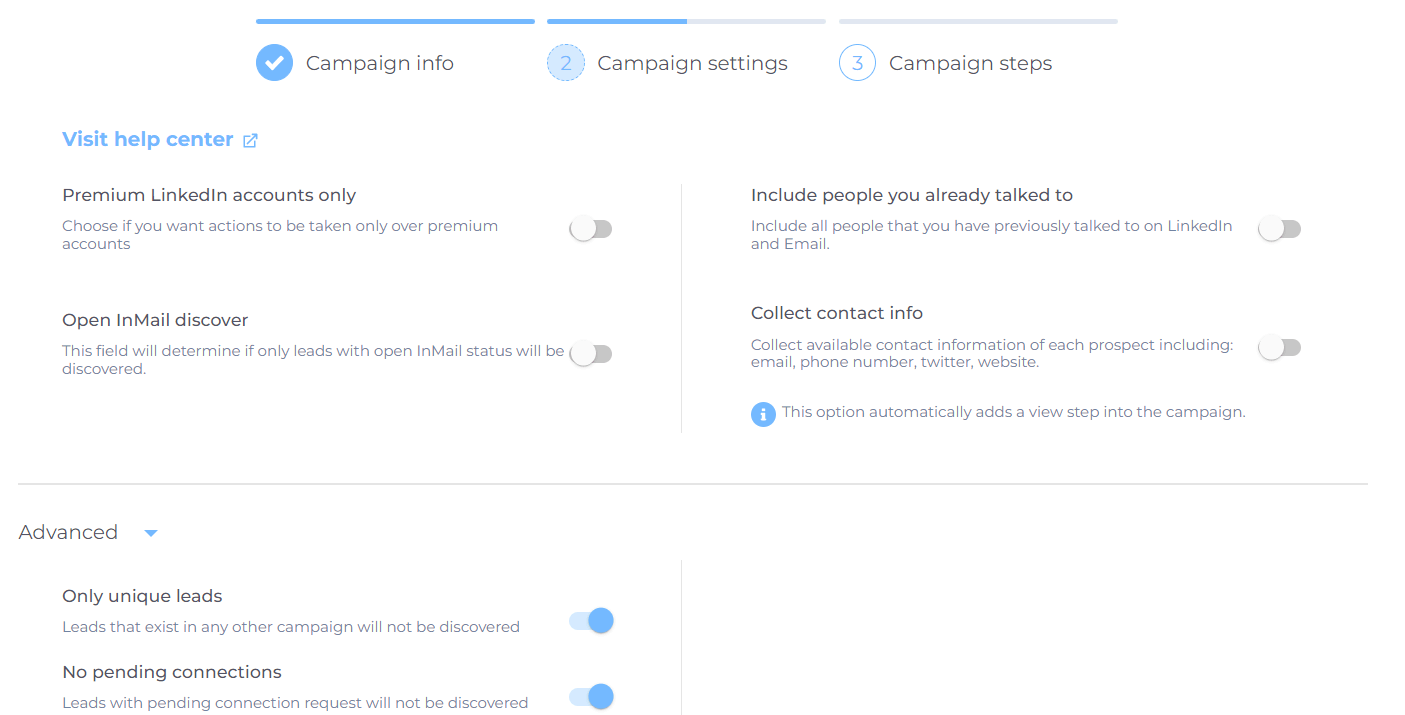 Image of how to create your LinkedIn outreach campaign, step 3, campaign settings