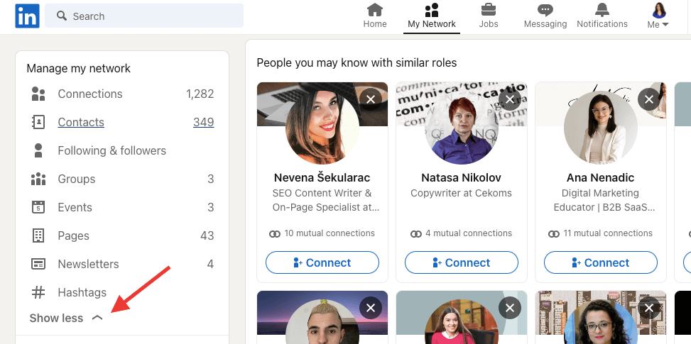 LinkedIn feed, the Show less option