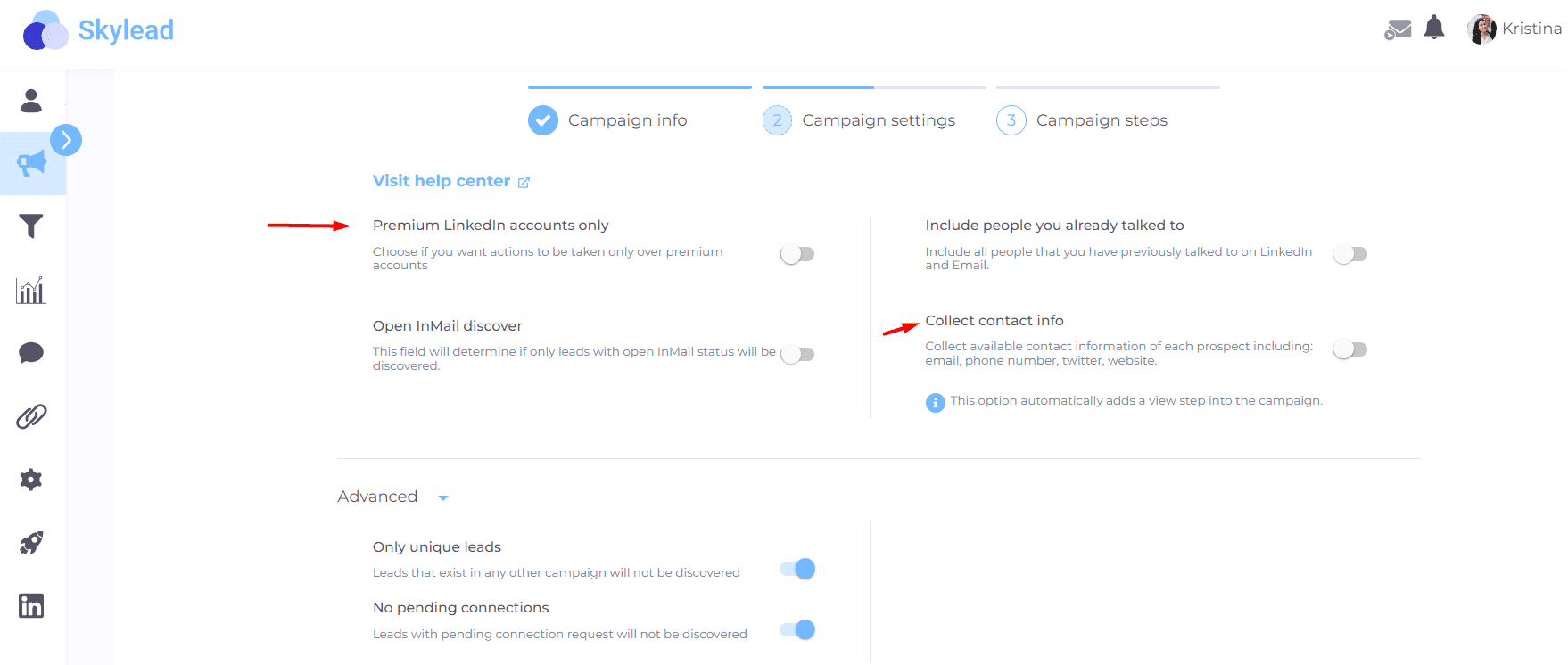 Sending LinkedIn cold messages, outreach campaign - Skylead, step 2