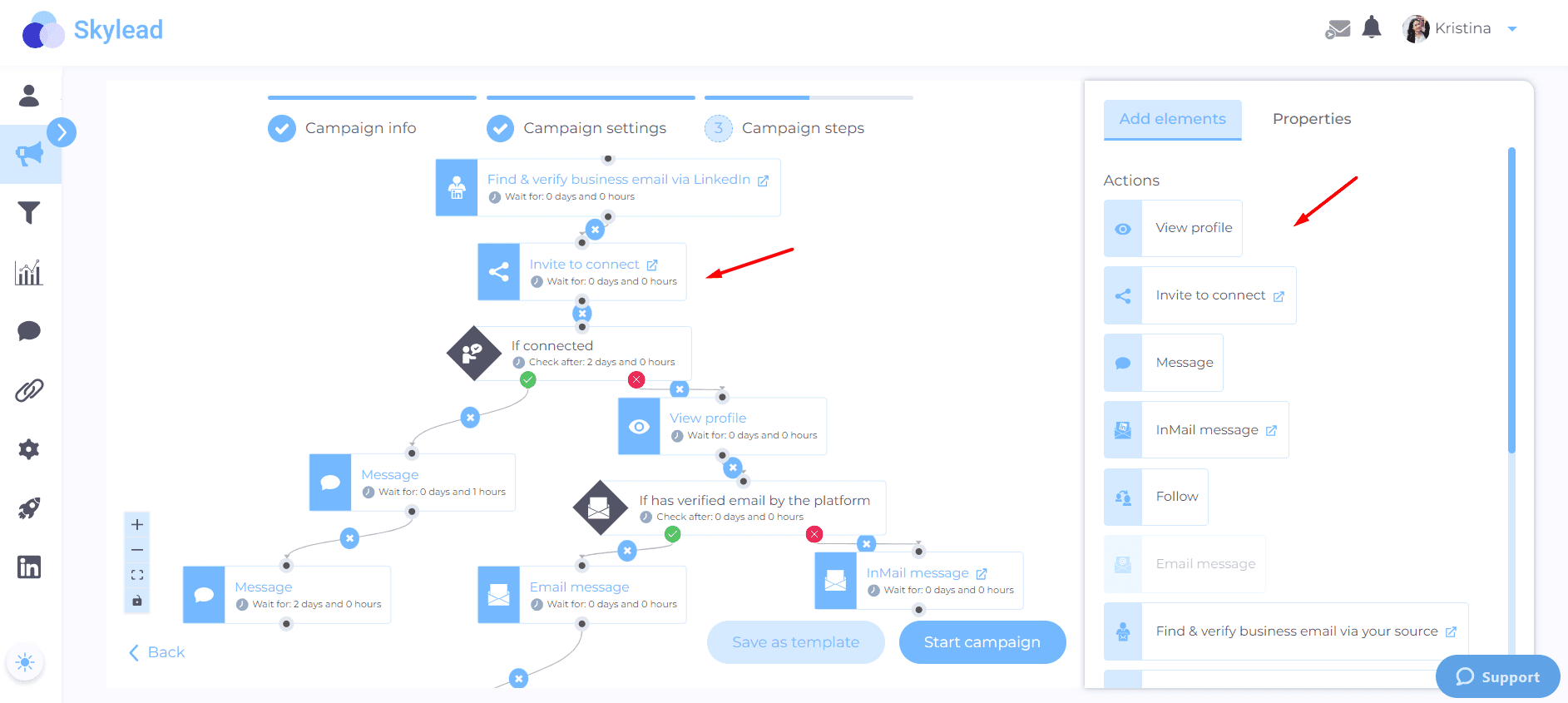 Sending LinkedIn cold messages, outreach campaign - Skylead, step 3