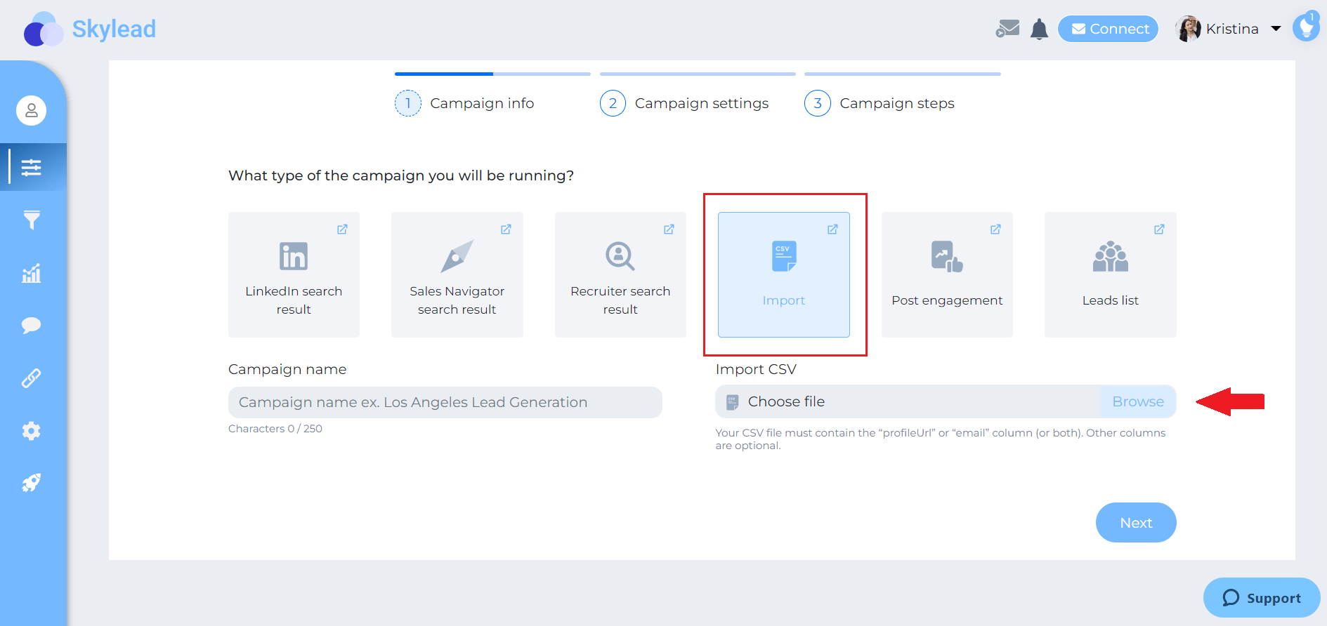 Image of choosing sales leads source while creating campaign in Skylead