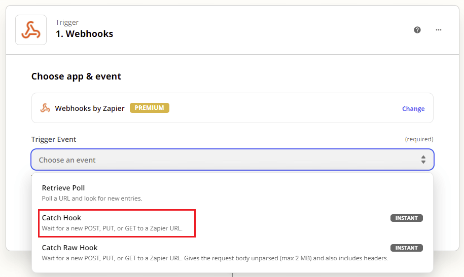 Image of Catch a Hook step in Zapier, How to create a webhook