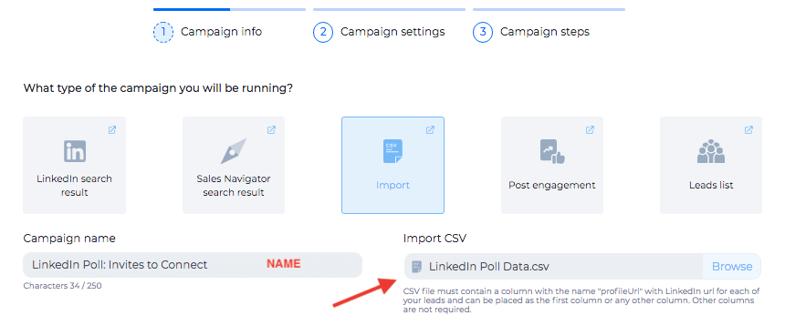 Find leads on LinkedIn, Image of creating campaign in sales engagement platform using CSV lead file