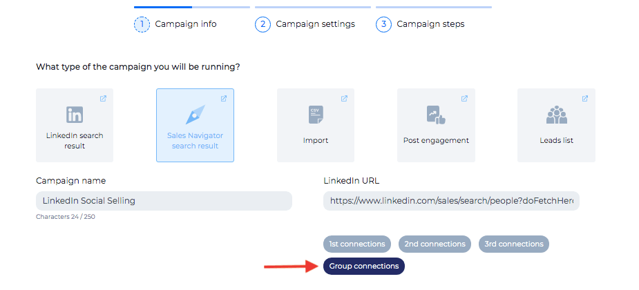 Image of campaign creation from Sales Navigator group connections