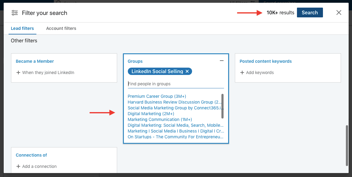 Sales Navigator option to find leads, Image of finding people in groups