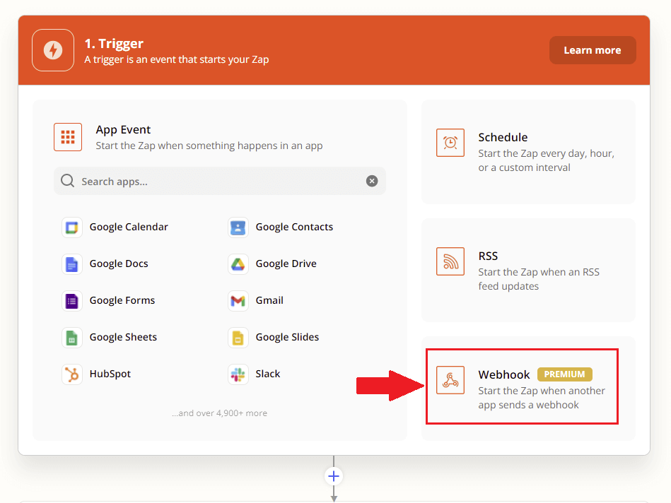 Image of choosing a trigger while creating a webhook to use with Skylead