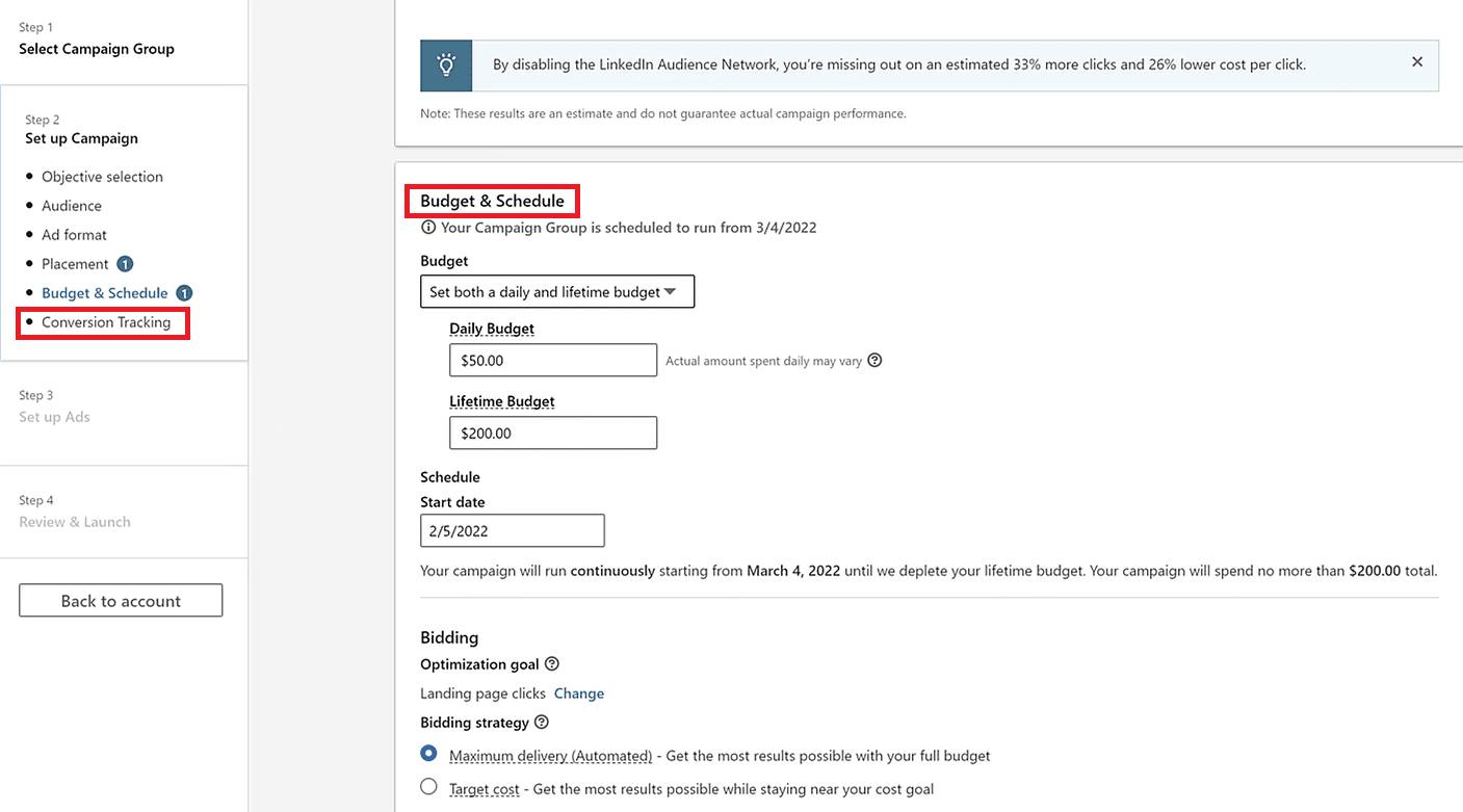 Image of how to create LinkedIn lead generation ad step 6, setting up the budget and scheduling the campaign