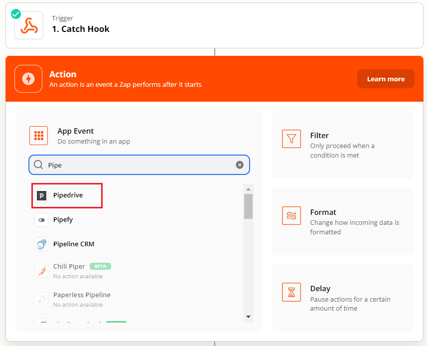 Image of choosing CRM of choice for webhook and send data