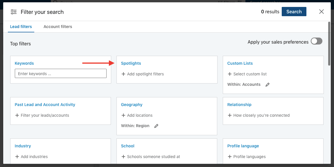 Finding leads, image of Sales Navigator spotlights filter