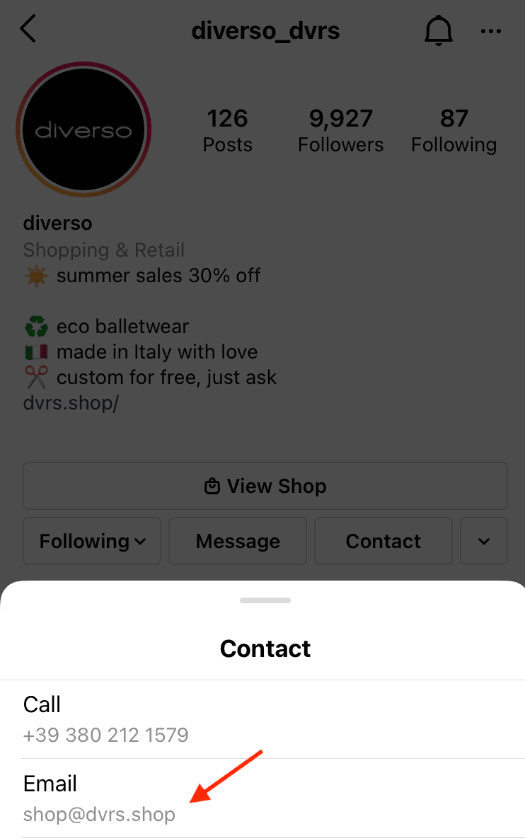 How to find email address on Instagram, image of contact pop-up