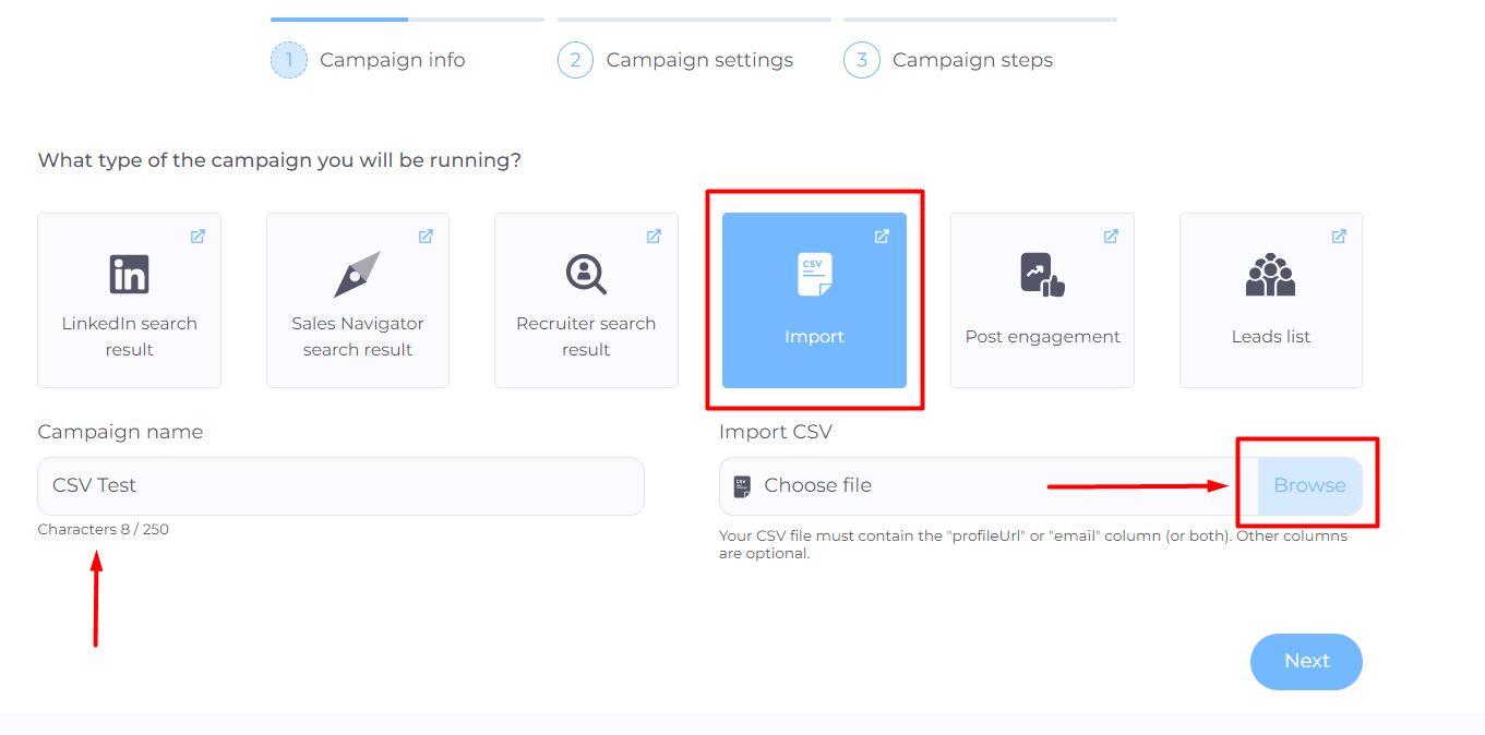 LinkedIn automation & Cold Email software, outreach campaign creation from generated leads step 2, choosing the source