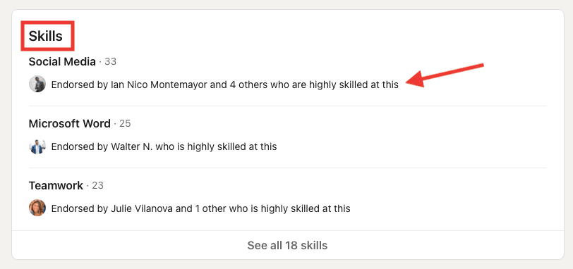LinkedIn skills section endorsements 