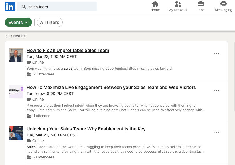 LinkedIn Events List In The LinkedIn Search