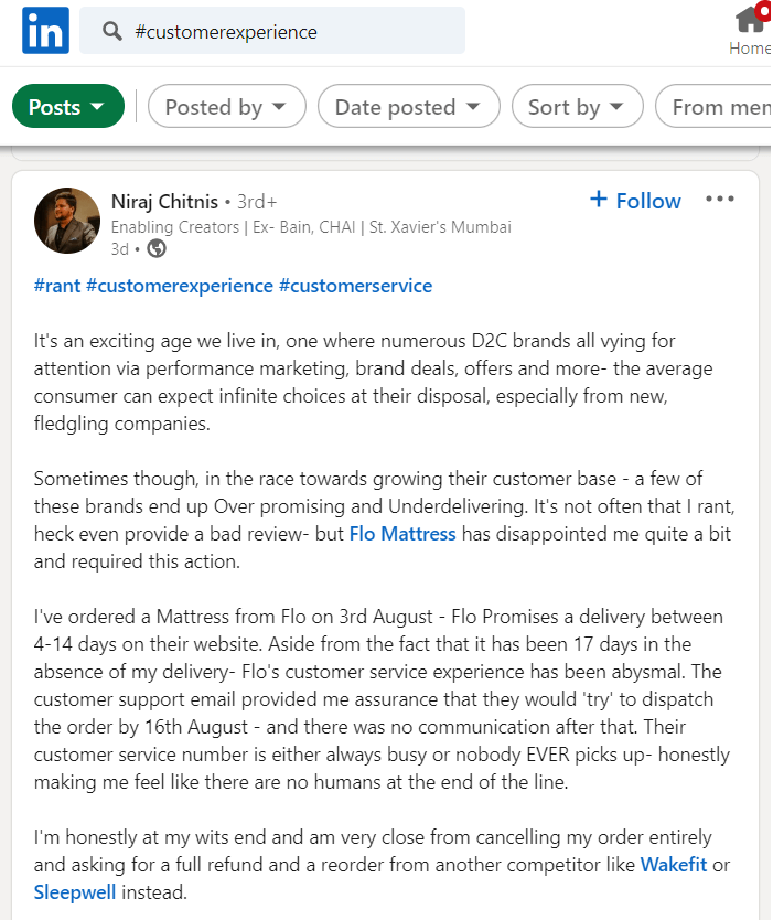 Image of post example where competitor's customers didn't like their product which is considered buying signal; LinkedIn lead generation strategy