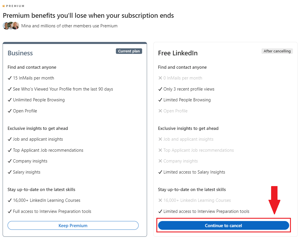 Image of LinkedIn subscription cancellation process to get a discount