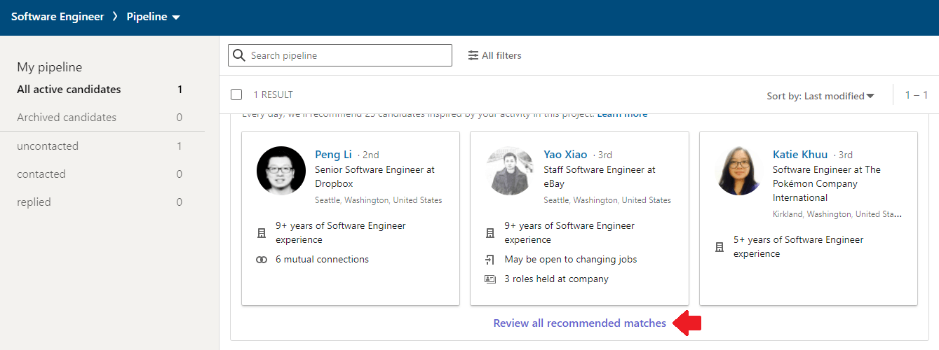 Image of how to see recommended matches in LinkedIn Recruiter, best way to find employees