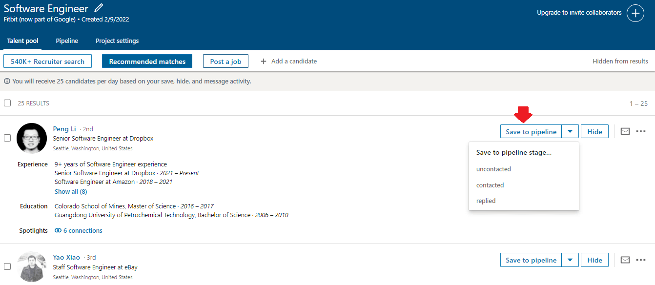 Image of how to Save a candidate to pipeline in LinkedIn Recruiter, best way to find employee