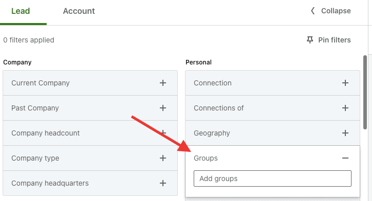 Sales Navigator filters group filter 