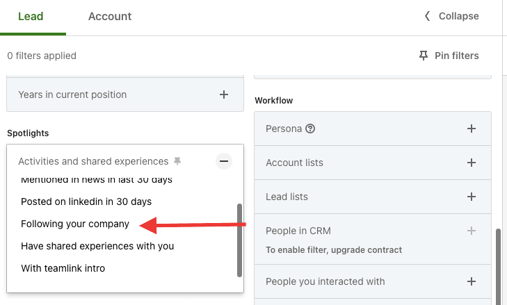 Spotlights filters - following your company 