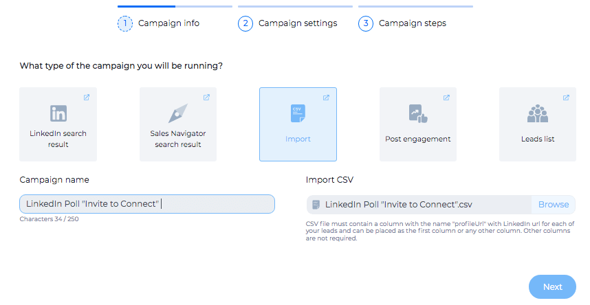 Image of Skylead campaign creator, Campaign setting to target leads from LinkedIn poll