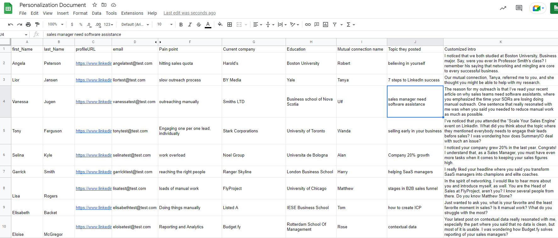 Image of spreadsheet example with leads' information to personalize outreach