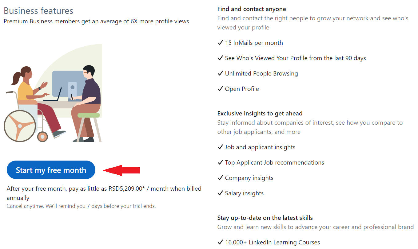 Image of the last step of starting LinkedIn Premium free option