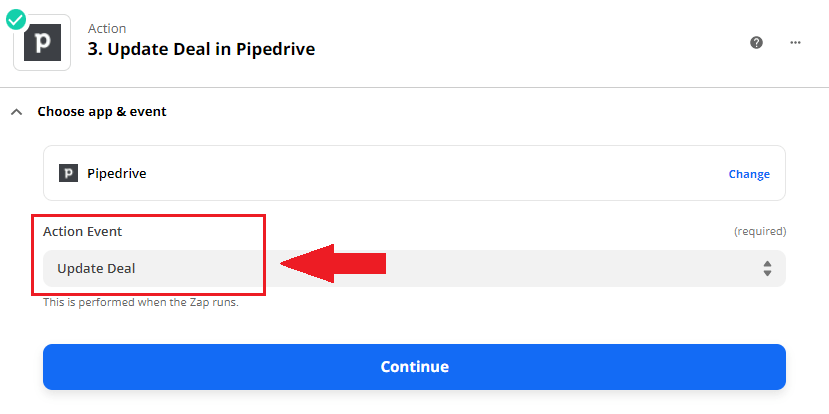 Image of selecting Update Deal action in Zapier