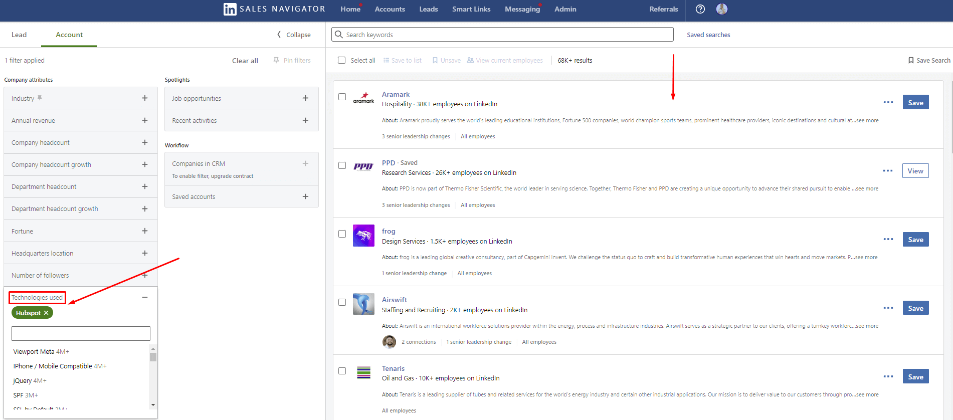 Image of where to find Technology Used account filter in Sales Navigator