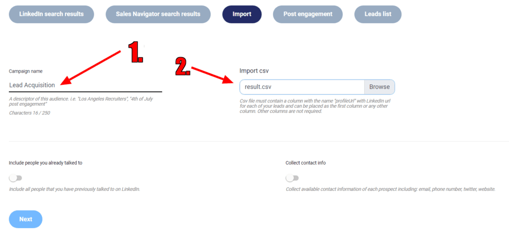 Lead acquisition, CSV file import