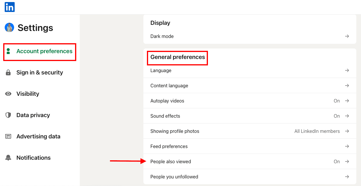 How to turn off People Also Viewed, LinkedIn, Account preferences > General preferences > People Also Viewed