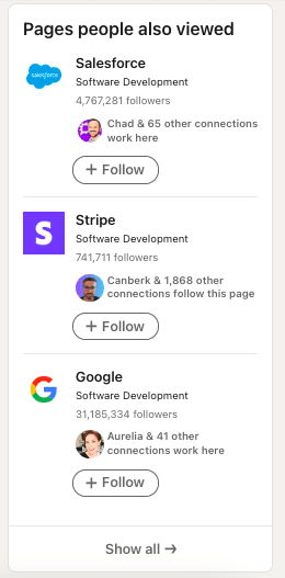 Pages people also viewed, LinkedIn company pages