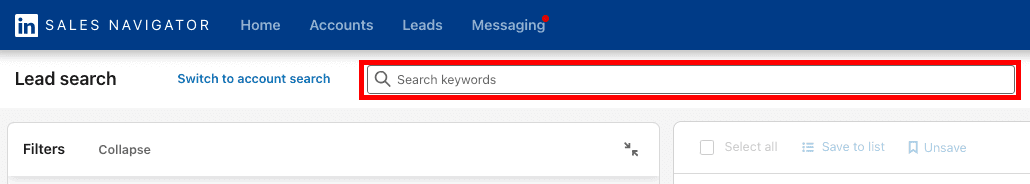 Sales Navigator filters, keywords lead filter 