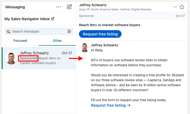 What Sponsored InMail looks like in LinkedIn Inbox