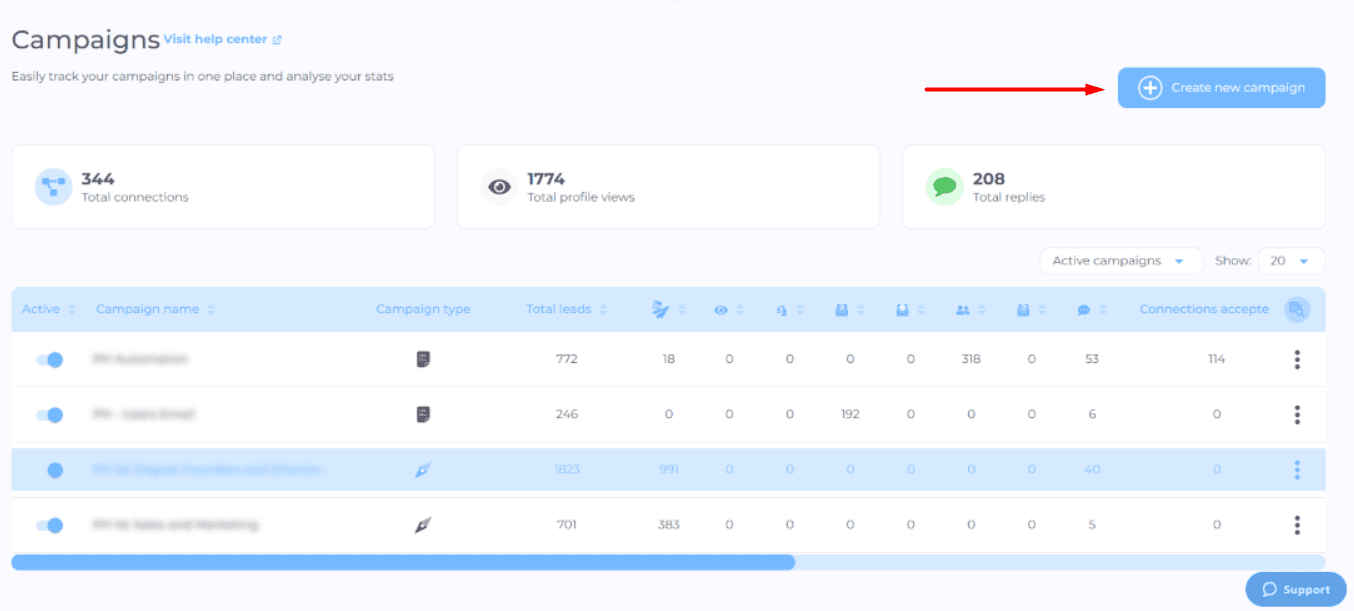 Create new campaign button in Skylead, arrow, screenshot