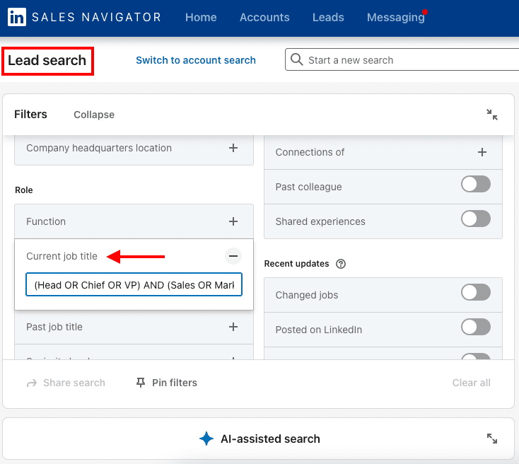 How to use Boolean search string example for matching job titles with seniorities in Sales Navigator Lead filters 