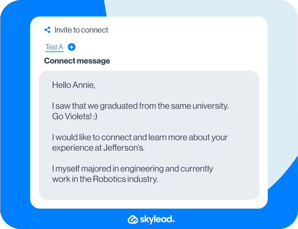 LinkedIn connection message example, Connect with an alumnus