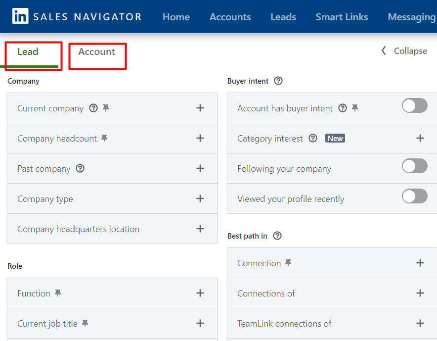 LinkedIn Sales Navigator Lead and account filters features image